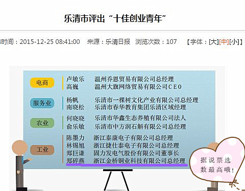 金橋銅業(yè)鄭碎燕榮獲市十佳創(chuàng)業(yè)青年榮譽(yù)稱(chēng)號(hào)